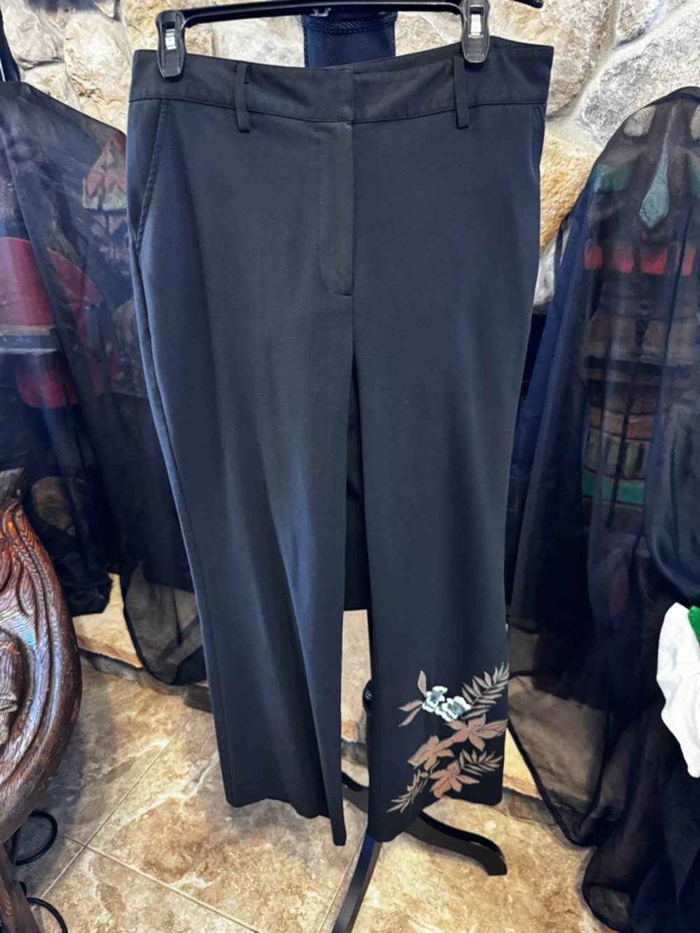Karen Kane Black Boot-Cut Pants with Embroidered Floral Hem